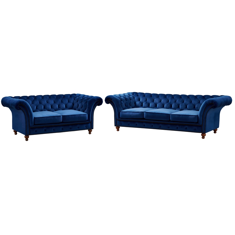 Crafters and Weavers Craftsman Mission Fabric/Velvet Sloped Arm Sofa in Blue