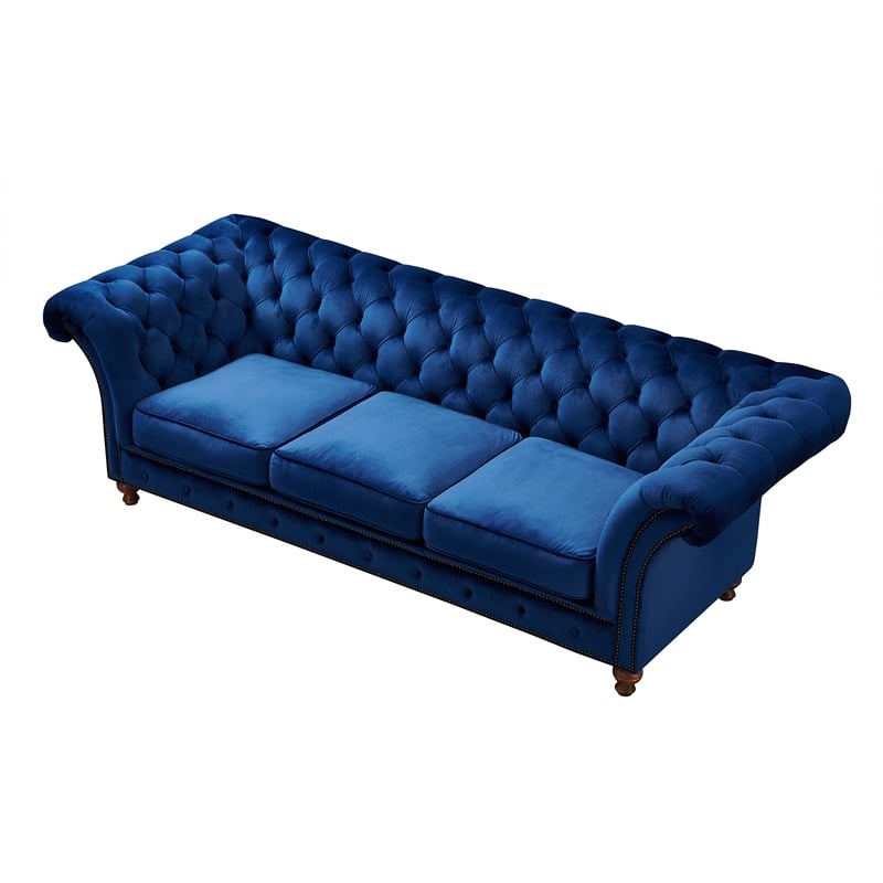Crafters and Weavers Craftsman Mission Fabric/Velvet Sloped Arm Sofa in Blue