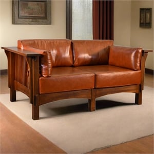 Crafters and Weavers Arts and Crafts Leather Loveseat in Russet Brown