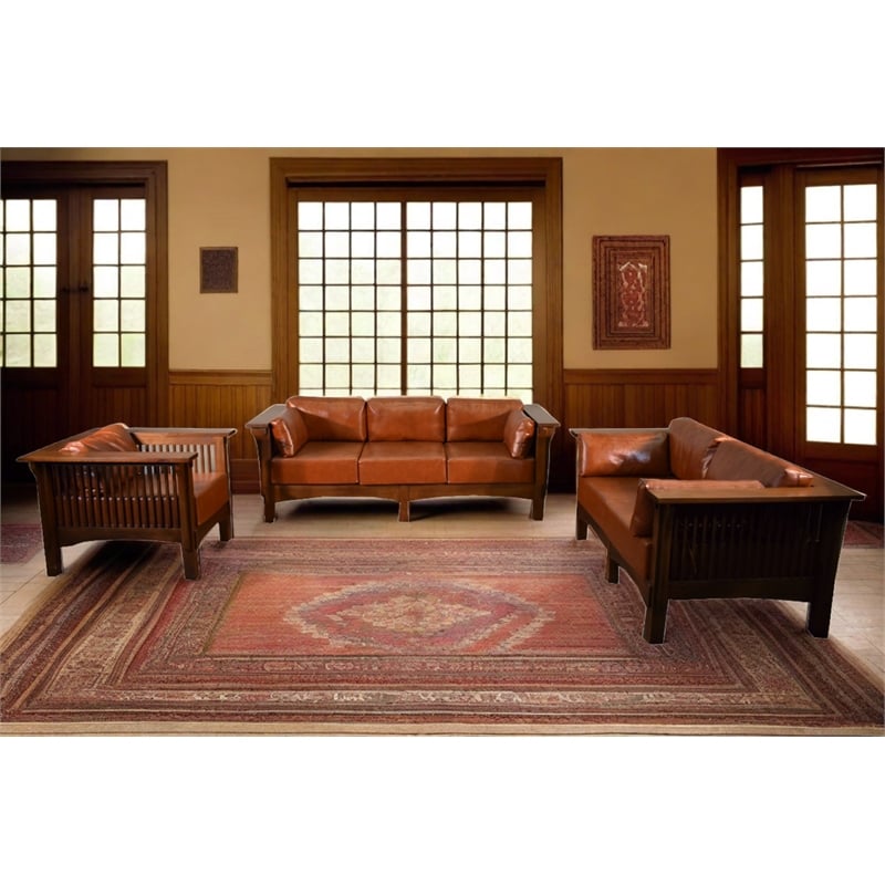 Crafters and Weavers Arts and Crafts Leather Loveseat in Chestnut