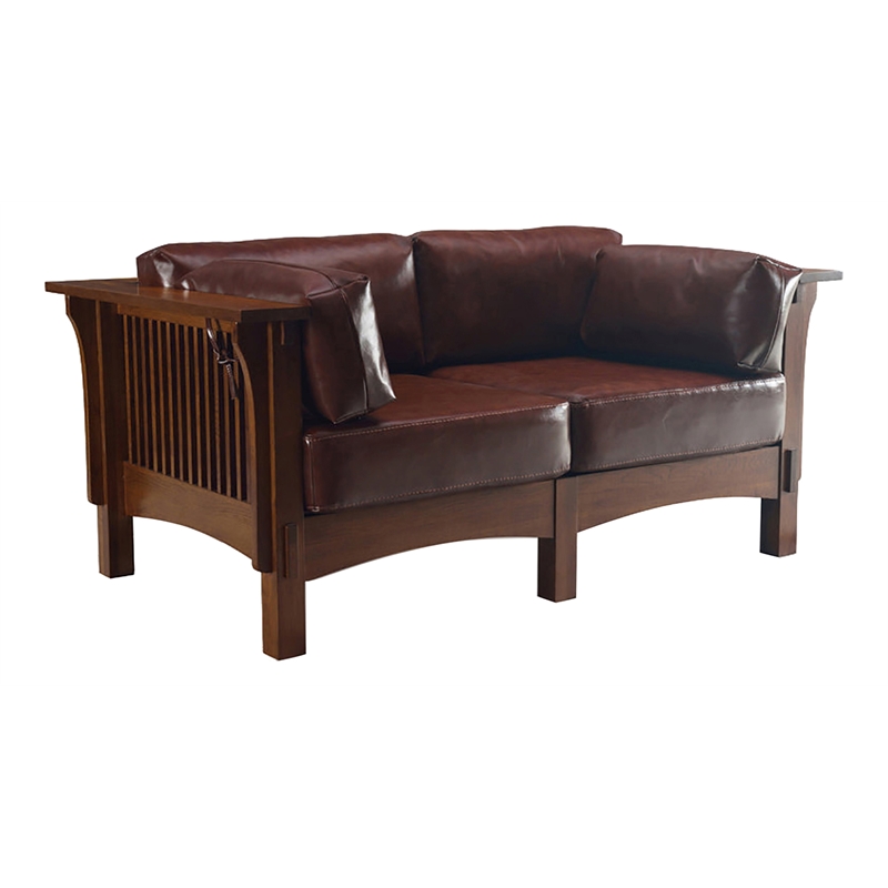 Crafters and Weavers Arts and Crafts Leather Loveseat in Russet Brown