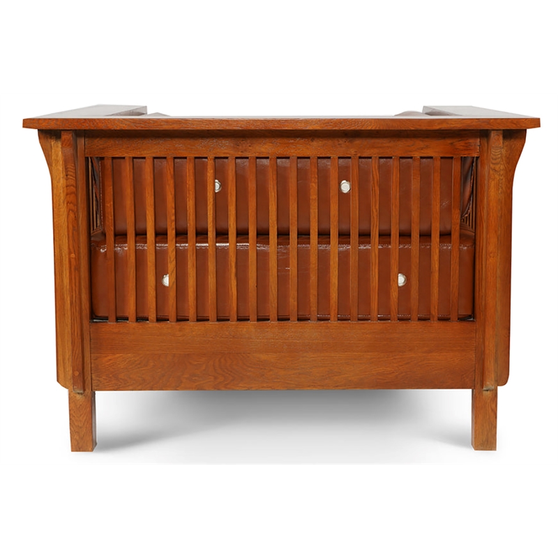 Crafters and Weavers Arts and Crafts Leather Slat Side Arm Chair in Russet Brown