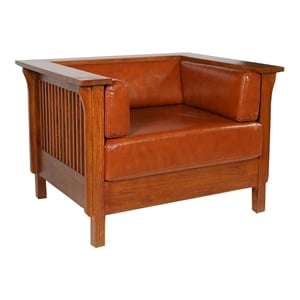 Crafters and Weavers Arts and Crafts Leather Slat Side Arm Chair in Russet Brown