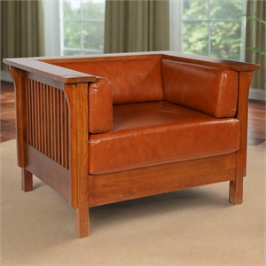 Crafters and Weavers Arts and Crafts Leather Slat Side Arm Chair in Russet Brown
