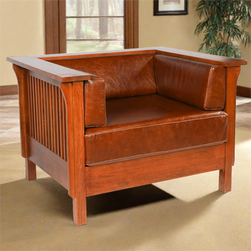 Crafters and Weavers Arts and Crafts Leather Slat Side Arm Chair in Chestnut