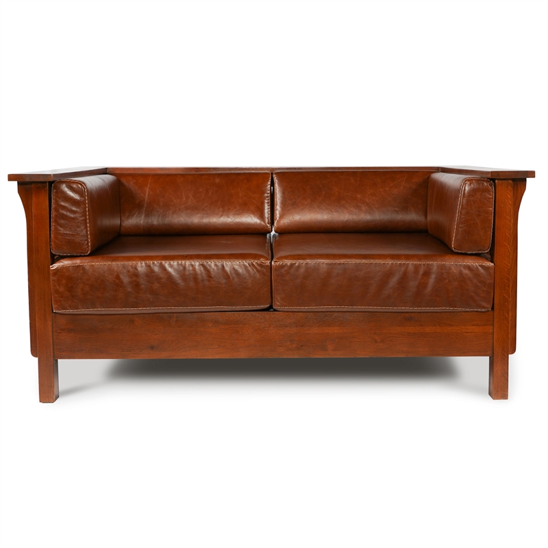 Crafters and Weavers Arts and Crafts Leather Cubic Loveseat in Chestnut