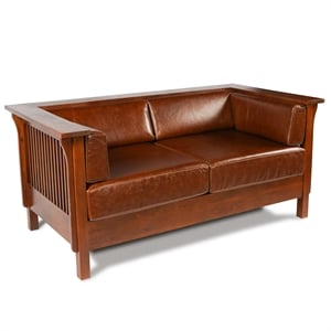 Crafters and Weavers Arts and Crafts Leather Cubic Loveseat in Chestnut