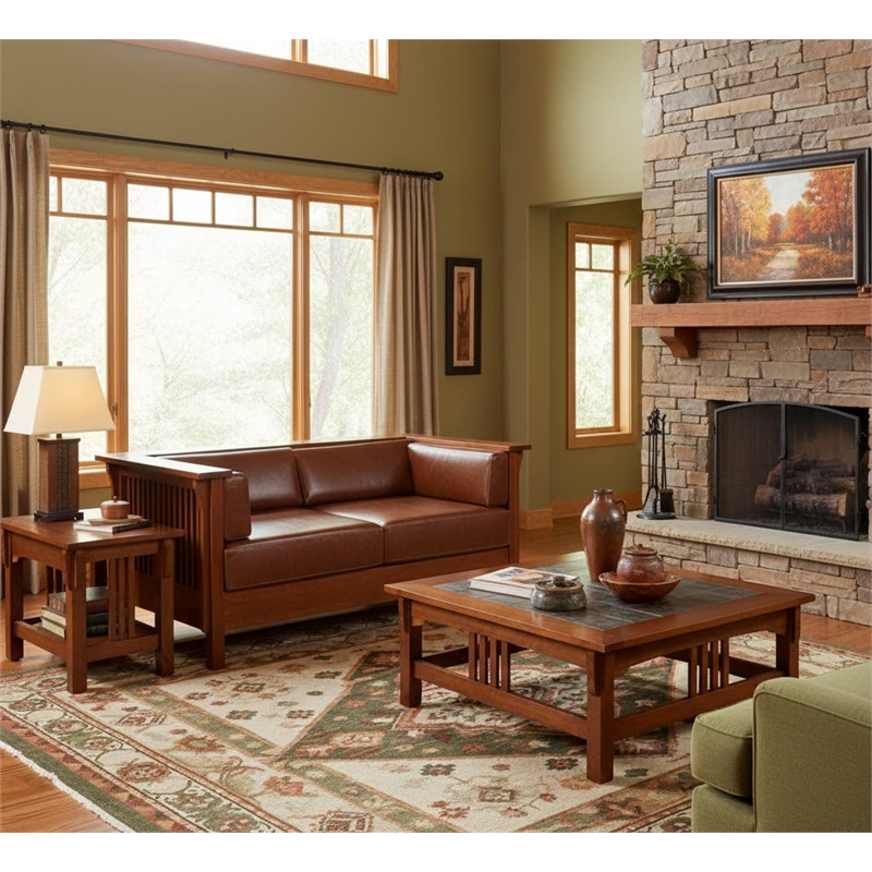 Crafters and Weavers Arts and Crafts Leather Cubic Loveseat in Chestnut