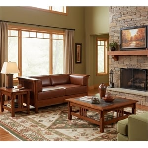 Crafters and Weavers Arts and Crafts Leather Cubic Loveseat in Chestnut