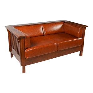 Crafters and Weavers Arts and Crafts Leather Slat Side Loveseat in Russet Brown