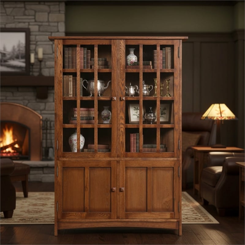 Crafters and Weavers Arts and Crafts Solid Wood Display China Cabinet in Walnut