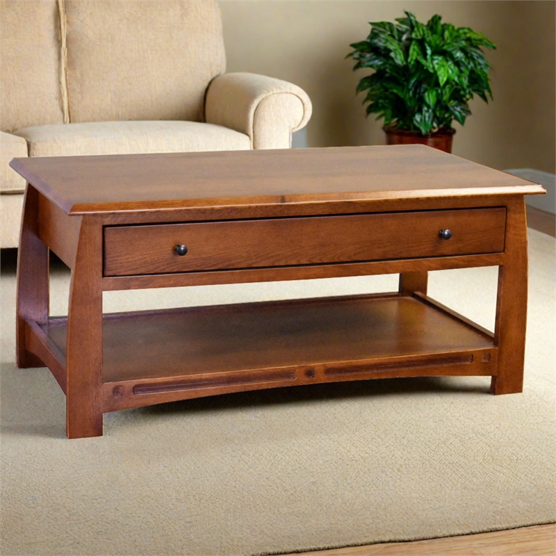 Crafters and Weavers Arts and Crafts 1 Drawer Wood Coffee Table in Cherry