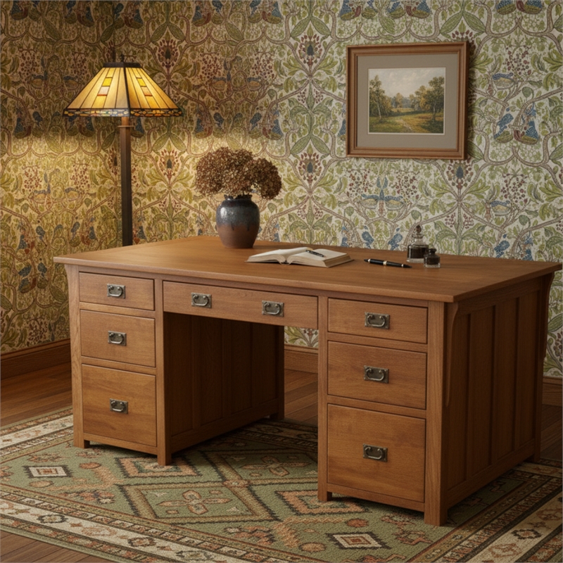 Crafters and Weavers Arts and Crafts Wood Library Desk w/ File Cabinet in Cherry