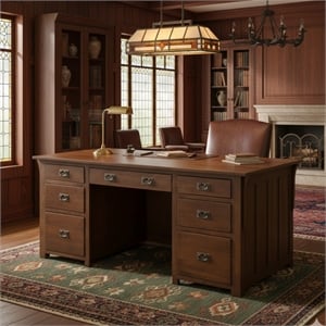 Crafters and Weavers Arts and Crafts Wood Library Desk w/ File Cabinet in Walnut