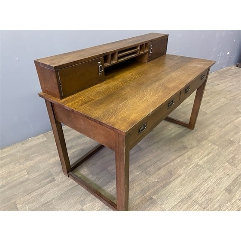 Crafters and Weavers Arts and Crafts Wood Library Table with Hutch in Walnut