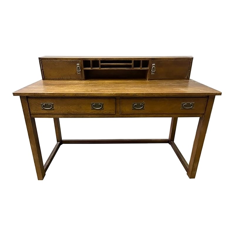 Crafters and Weavers Arts and Crafts Wood Library Table with Hutch in Walnut
