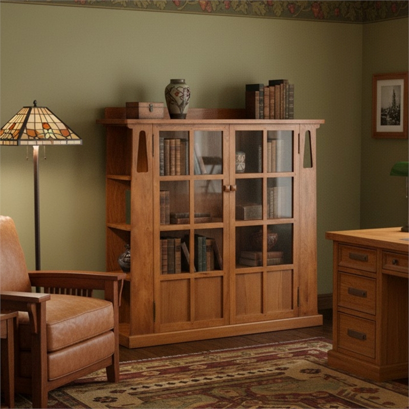Crafters and Weavers Arts and Crafts Wood 2-Door Bookcase in Cherry