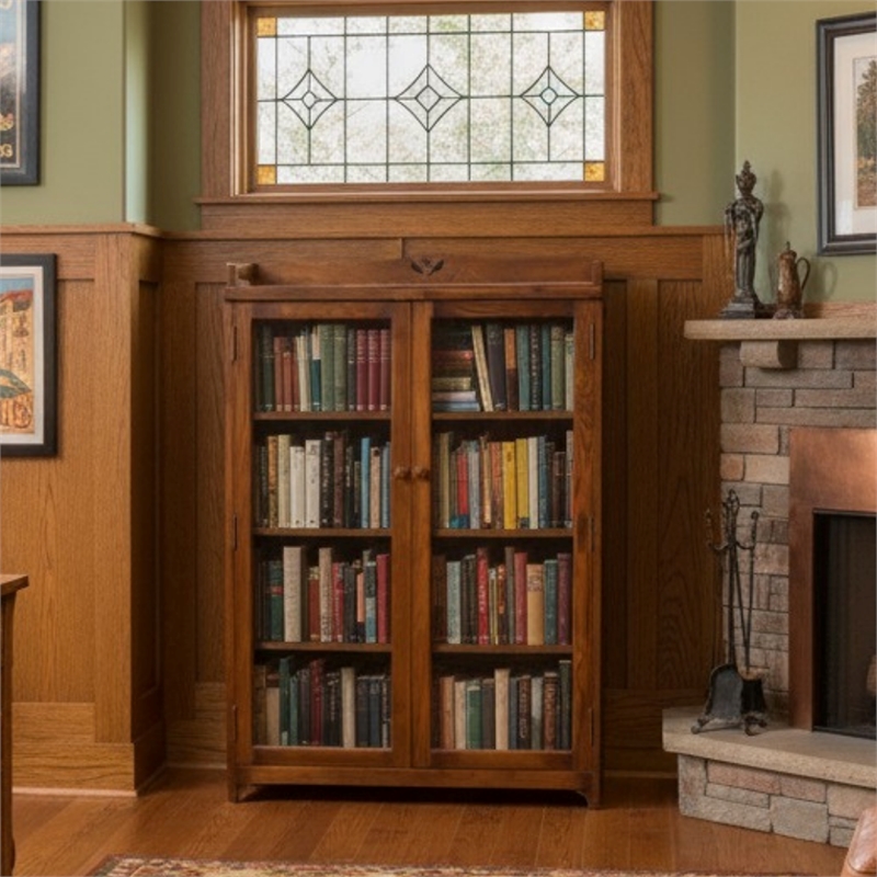 Crafters and Weavers Arts and Crafts Wood Curio Cabinet in Walnut
