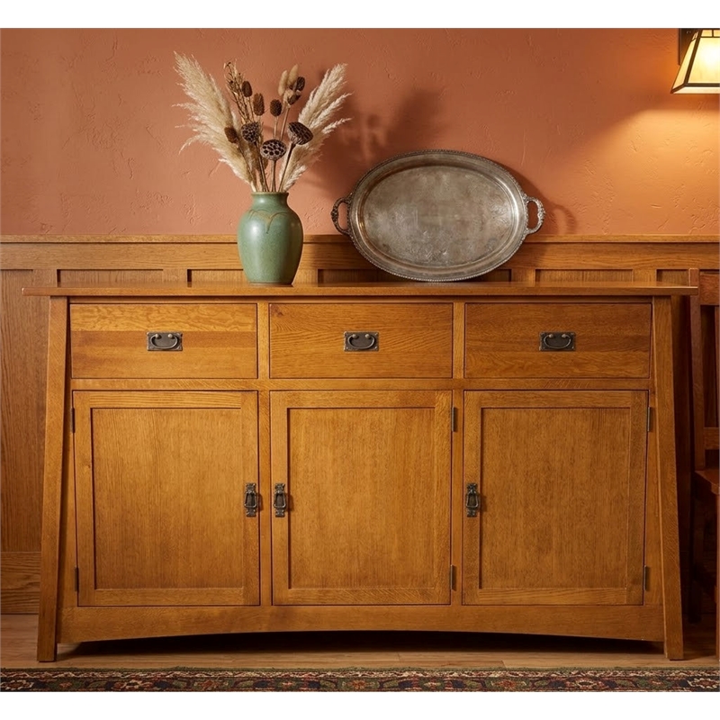 Crafters and Weavers Arts and Crafts 3-Drawer Solid Wood Sideboard in Cherry