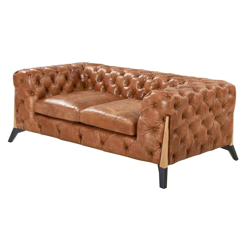 Crafters and Weavers Olivia Leather Tufted Chesterfield Loveseat in Light Brown