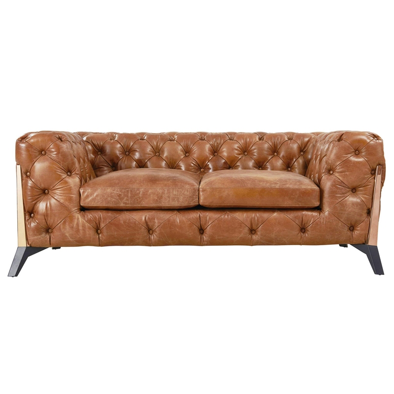 Crafters and Weavers Olivia Leather Tufted Chesterfield Loveseat in Light Brown