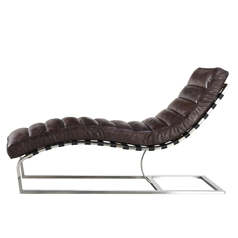 Crafters and Weavers Plano Channeled Leather & Steel Chaise Lounge in Dark Brown
