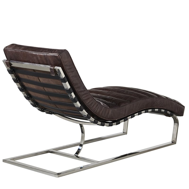 Crafters and Weavers Plano Channeled Leather & Steel Chaise Lounge in Dark Brown