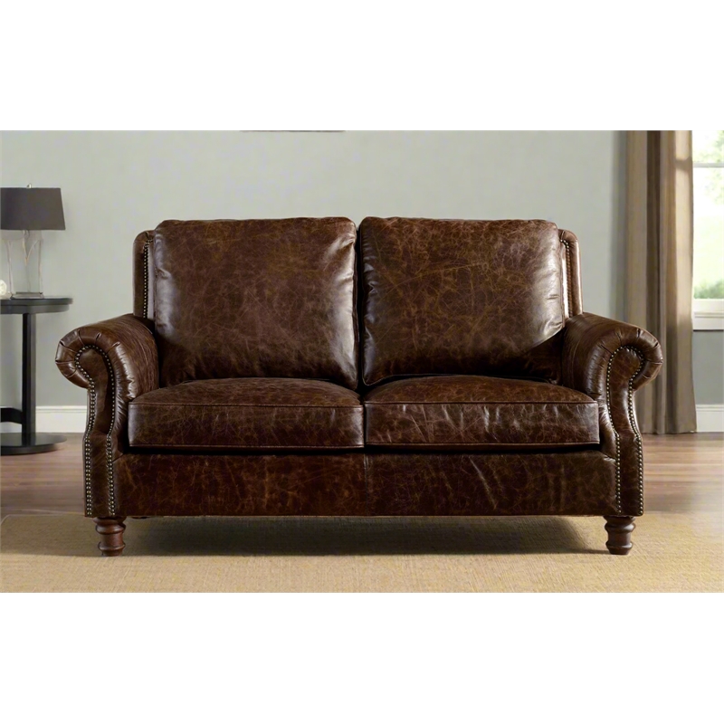 Crafters and Weavers English Rolled Arm Love Seat in Dark Brown Leather