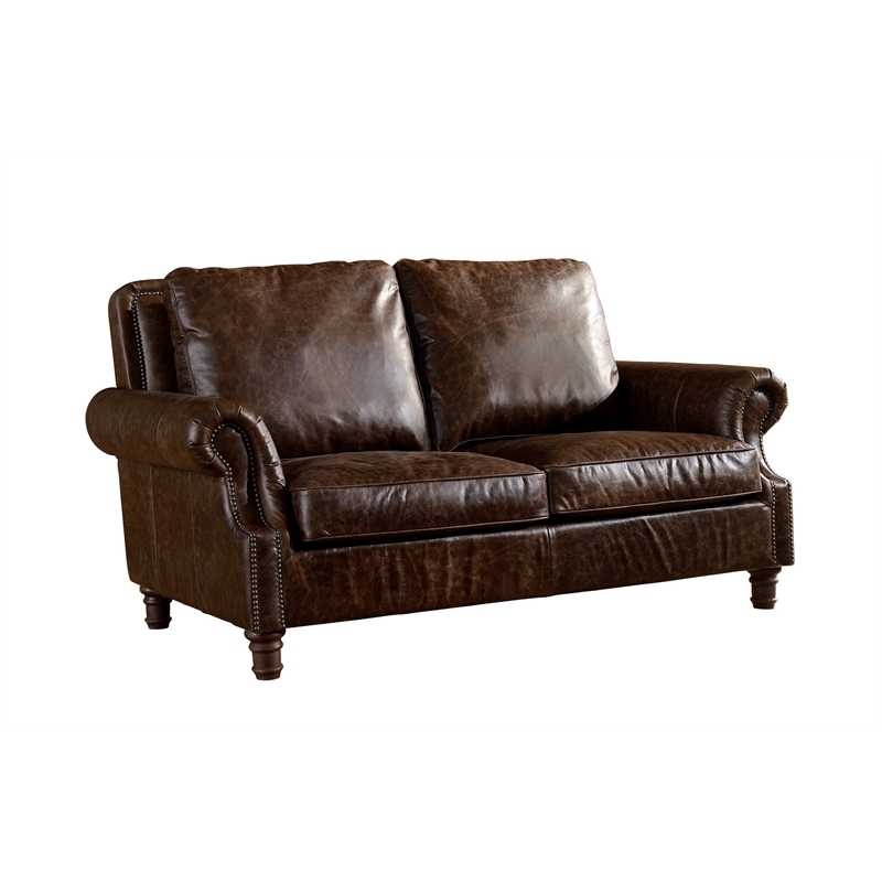 Crafters and Weavers English Rolled Arm Love Seat in Dark Brown Leather