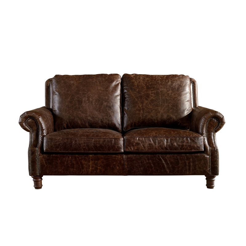 Crafters and Weavers English Rolled Arm Love Seat in Dark Brown Leather