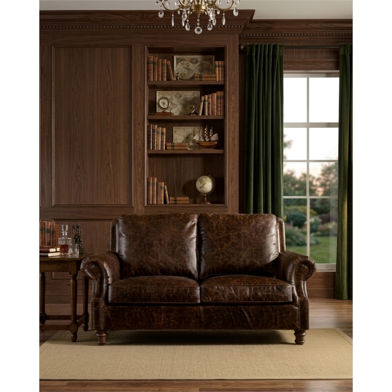 Crafters and Weavers English Rolled Arm Love Seat in Dark Brown Leather