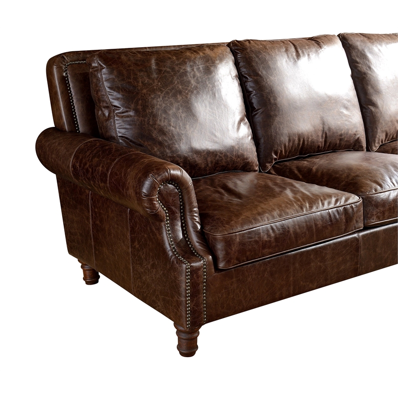 Crafters and Weavers English Rolled Arm Sofa in Dark Brown Leather