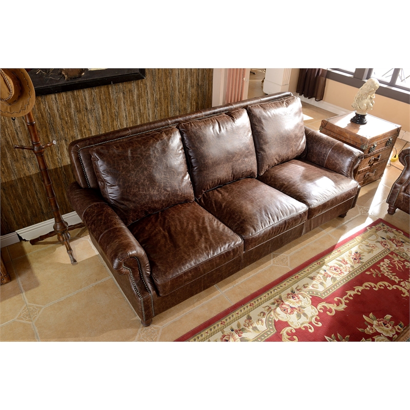 Crafters and Weavers English Rolled Arm Sofa in Dark Brown Leather