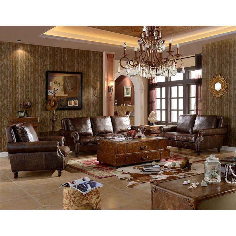 Crafters and Weavers English Rolled Arm Sofa in Dark Brown Leather