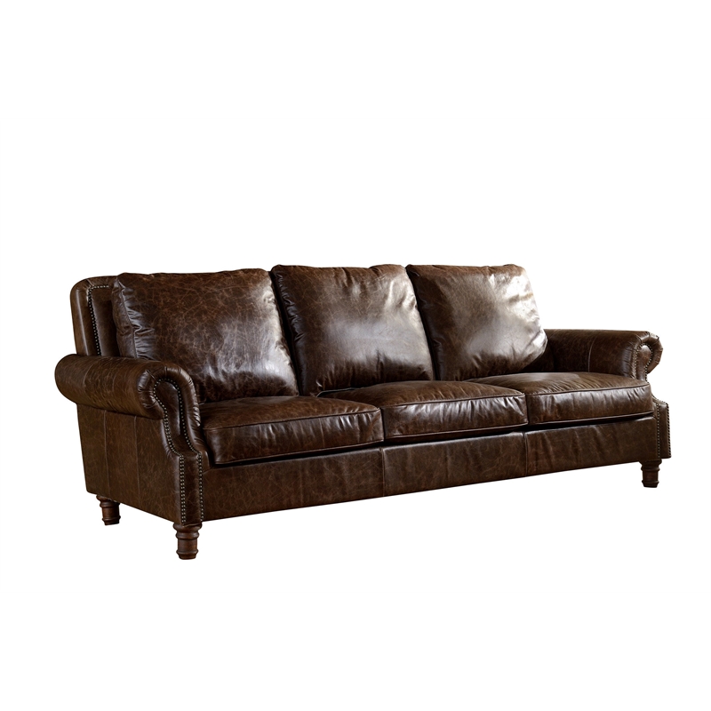 Crafters and Weavers English Rolled Arm Sofa in Dark Brown Leather
