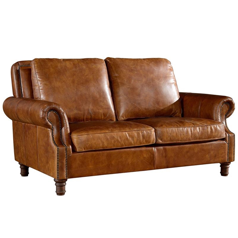 Crafters and Weavers English Rolled Arm Love Seat in Light Brown Leather