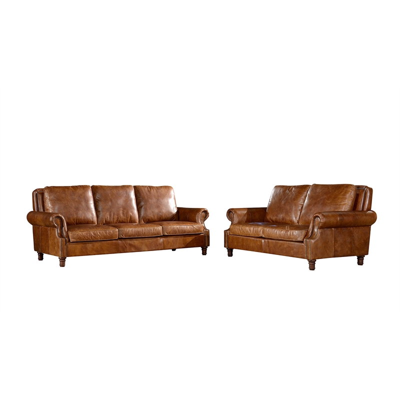 Crafters and Weavers English Rolled Arm Love Seat in Light Brown Leather