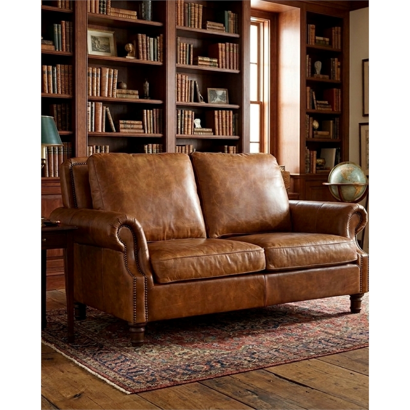 Crafters and Weavers English Rolled Arm Love Seat in Light Brown Leather