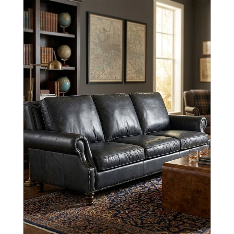 Crafters and Weavers English Rolled Arm Sofa in Slate Leather
