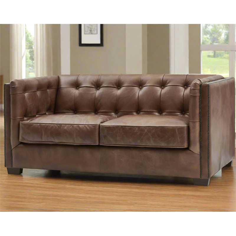 Crafters and Weavers Tuxedo Leather Love Seat in Bark Brown