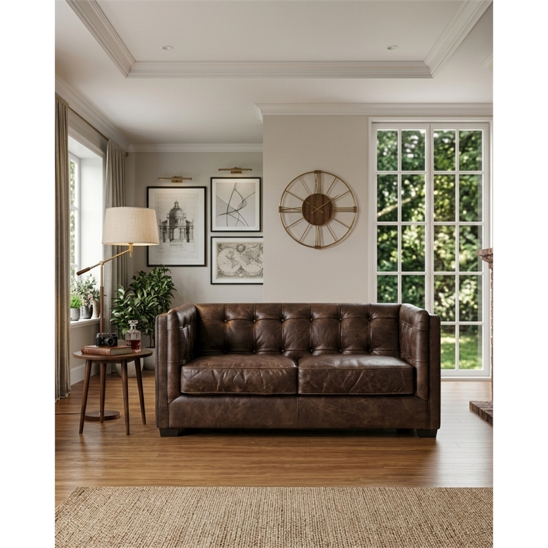 Crafters and Weavers Tuxedo Leather Love Seat in Bark Brown