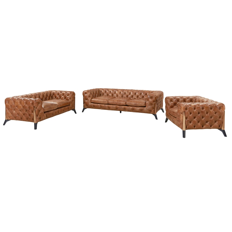 Crafters and Weavers Olivia Tufted Chesterfield Love Seat in Light Brown Leather