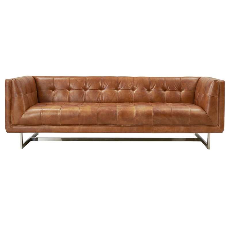 Crafters and Weavers Taylor Contemporary Tufted Sofa in Light Brown Leather