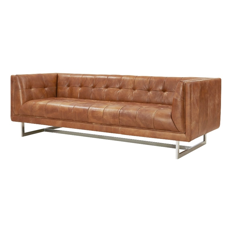 Crafters and Weavers Taylor Contemporary Tufted Sofa in Light Brown Leather