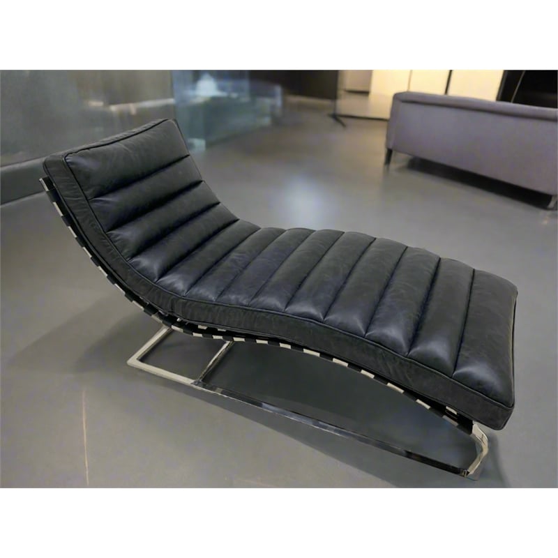 Crafters and Weavers Plano Channeled Leather Chaise Lounge in Slate Leather