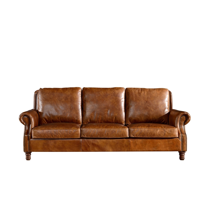 Crafters and Weavers English Rolled Arm Sofa in Light Brown Leather
