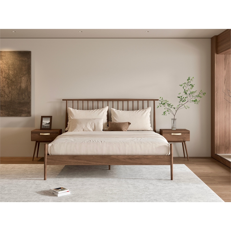Crafters and Weavers Midcentury King Bed with Two nightstands - Black Walnut