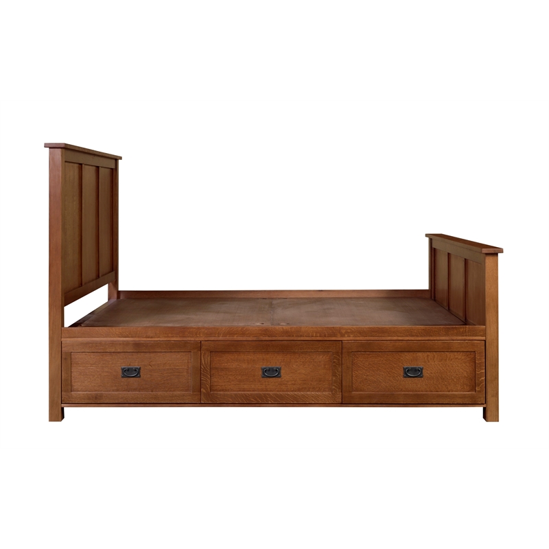 Crafters and Weavers Mission Oak Storage Panel Queen Bed w/ 3 Drawers in Walnut