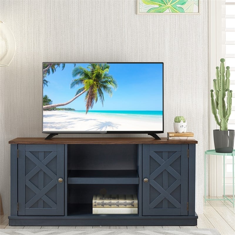LIVILAND TV Stand for TV up to 60 in. w/ Storage Cabinet & Open Shelf -Navy Blue