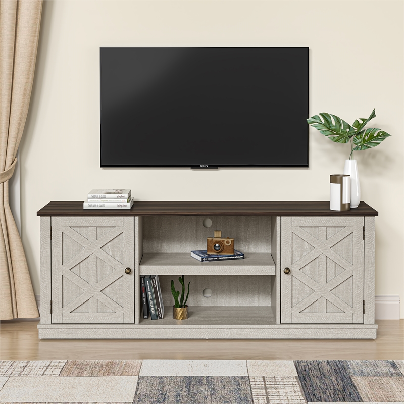 LIVILAND 64 in. Off White w/ Dark Drift Wood Desktop TV Stand up to 70 in. TV